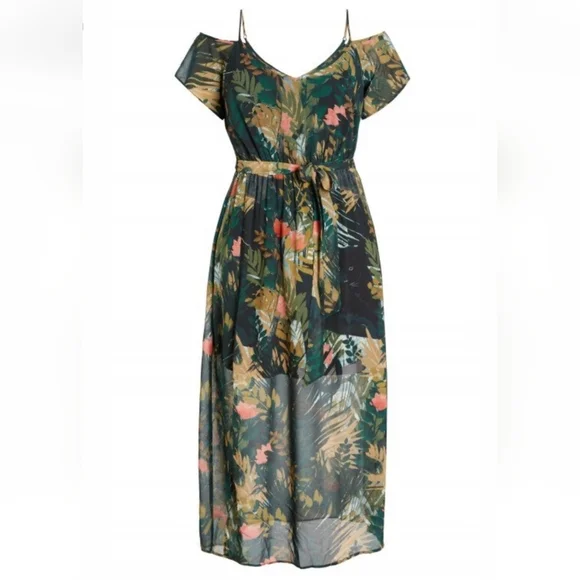 City Chic Floral Panter Cold-Shoulder Maxi Dress Short Sleeves 20W Slits Boho - Picture 2 of 14